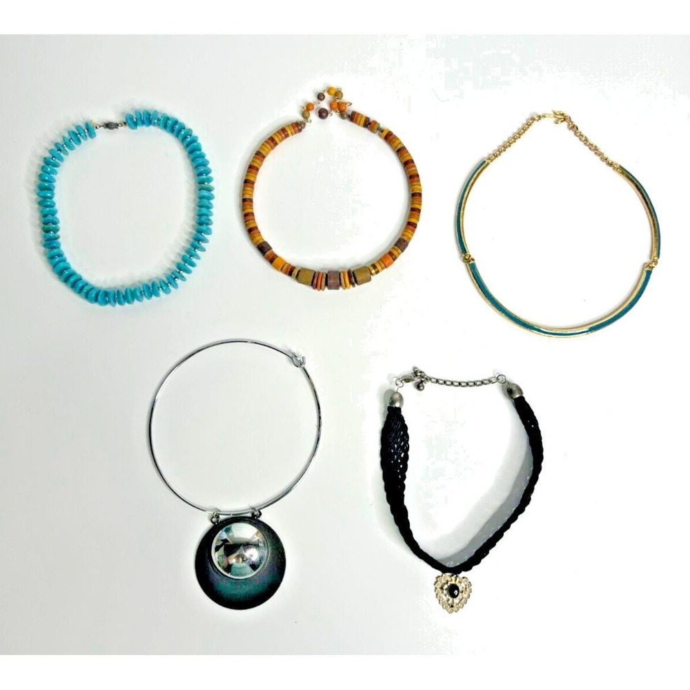 Estate Lot Of 5 Vintage Choker Necklaces Wood Braided Enamel Metal Silver & Gold